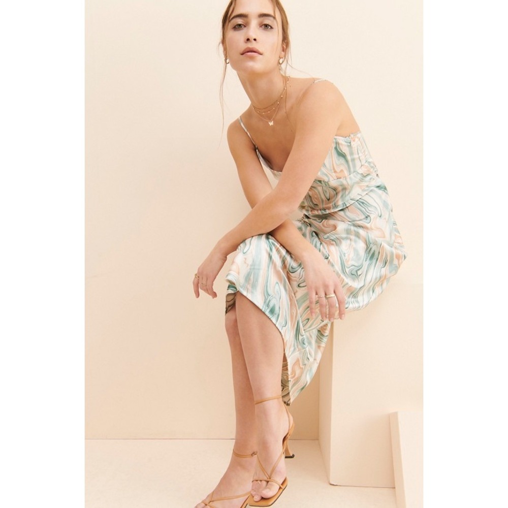 4th & Reckless Cici Marble Print Satin Midi Dress Sage Peach Green Womens Medium - Picture 4 of 9
